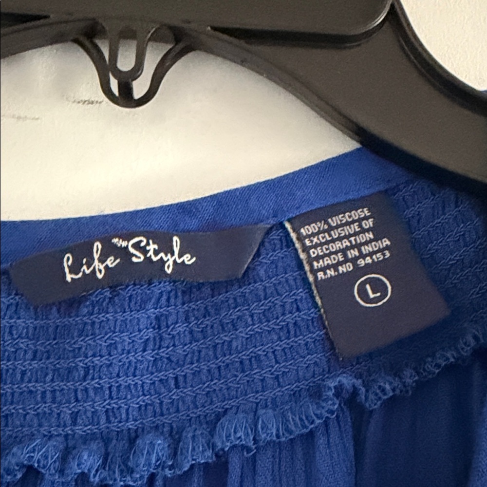 Embroidered Royal Blue Peasant Tunic with Tassel Tie - Picture 2 of 2